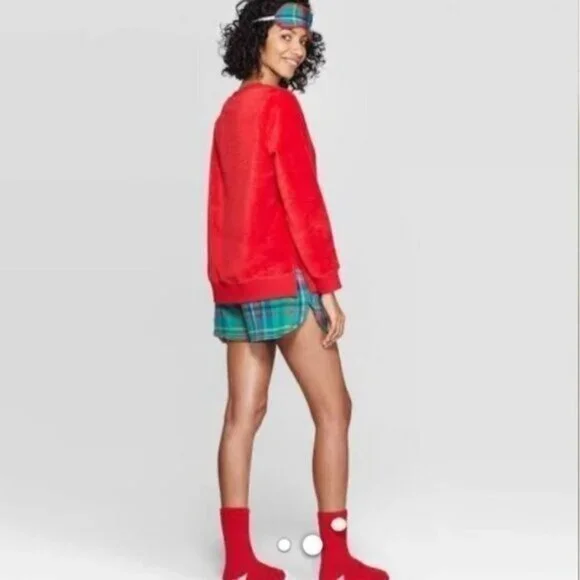 Women’s Christmas Plaid Pajama Set Red Top & Green Tartan Shorts - Picture 3 of 3